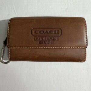 VINTAGE Coach Brown Leather ZIP Coin WALLET Card Key Holder Carabiner